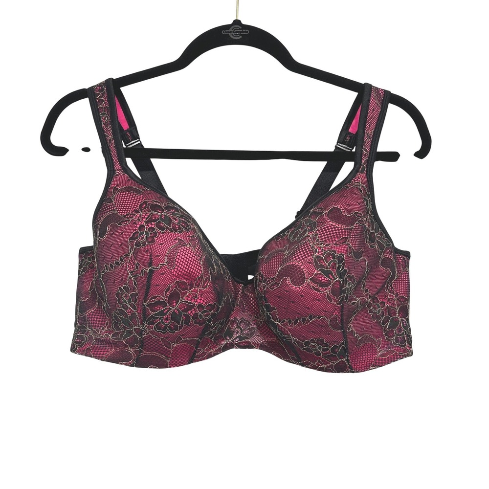 Cacique Bra 44DD Pink Black Floral Lace Underwire Full Coverage Gold Accent 1423